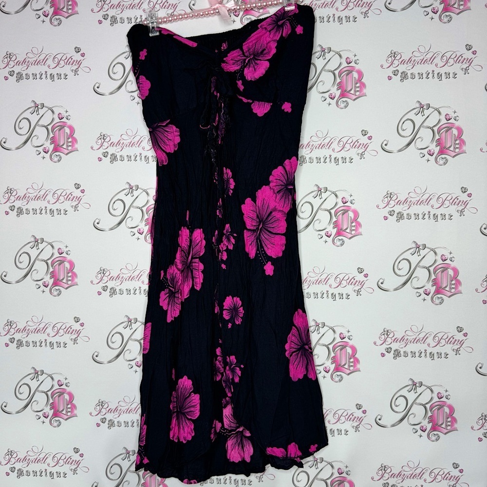 Dress Hawaii hibiscus 🌺 flowers pink black strapless ribbon 🎀 bow tie up slit